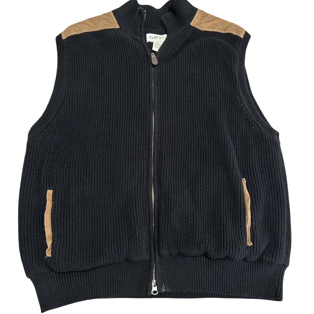 Orvis Men's XL Vest Black Leather Shoulder Knit Warm Fishing Hunting Outdoor